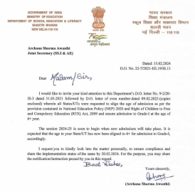 Union Education Ministry directs States and UTs to implement ge of 6+ for grade 1 admissions from 2024-25