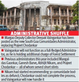 South Goa Comunidades office gets fifth administrator, raises instability concerns
