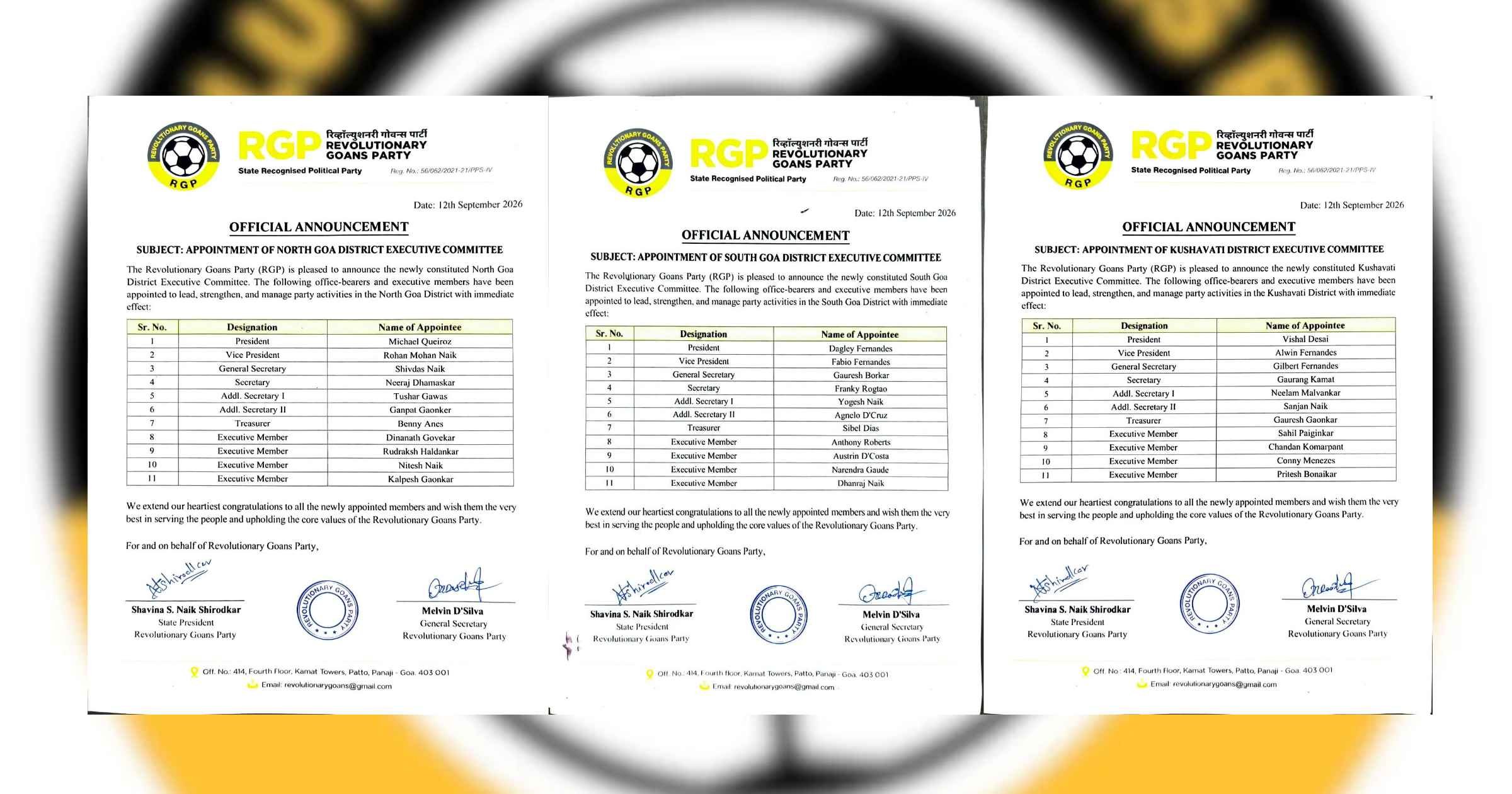 RGP announces new district executive committees across Goa