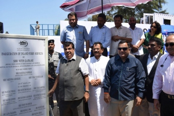 Gadkari inaugurates Drishti Marine's inland ferry service at Baina.