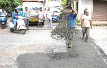 Road repairs in progress near St Inez Church, Panaji.