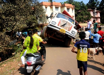 Portion of old culvert gives way under truck weight at Camrabhat